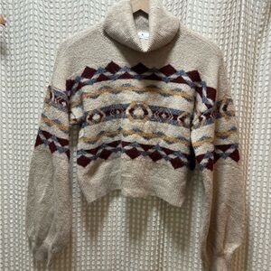 True Craft Beige Geometric Cowl Neck Sweater